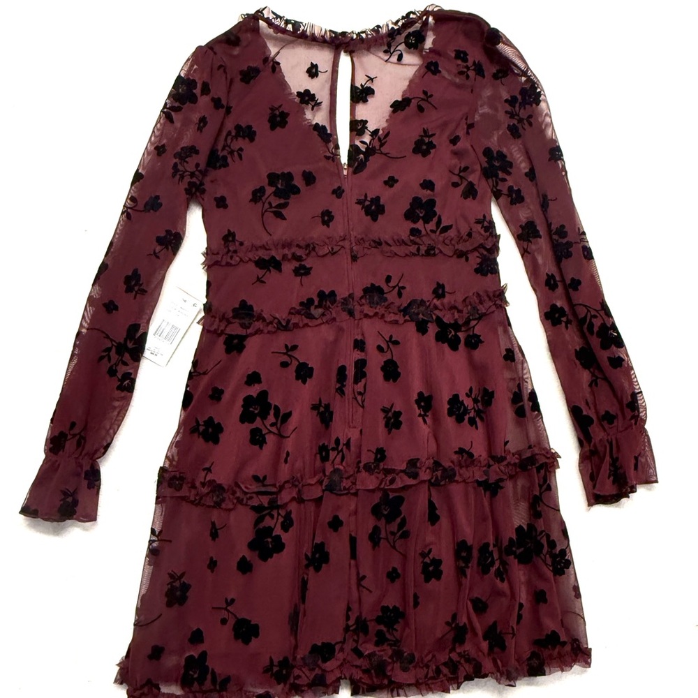 NWT Women Juniors Burgundy Floral Chiffon Dress Romantic Dreamy Sheer Size 7/8 - Picture 2 of 14